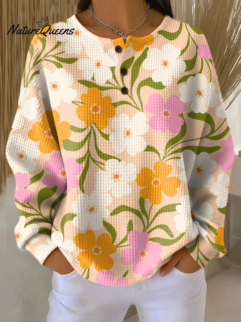 Women's Beautiful Large Flower Painting Art Print Casual Cotton Shirt