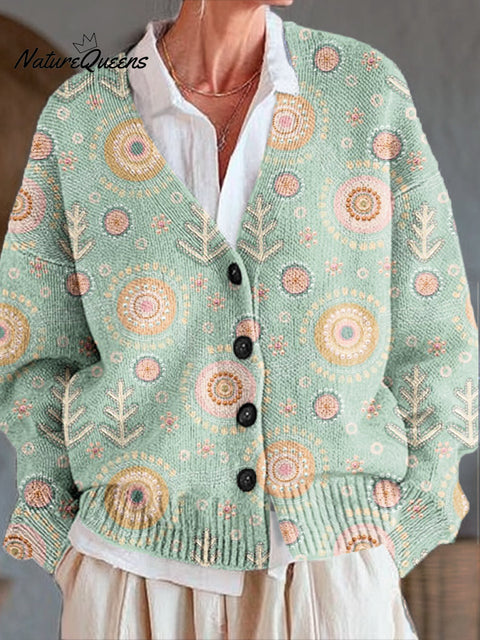 Beautiful Ethnic Geometric Floral Painting Art Print Buttoned V-neck Cardigan Sweater