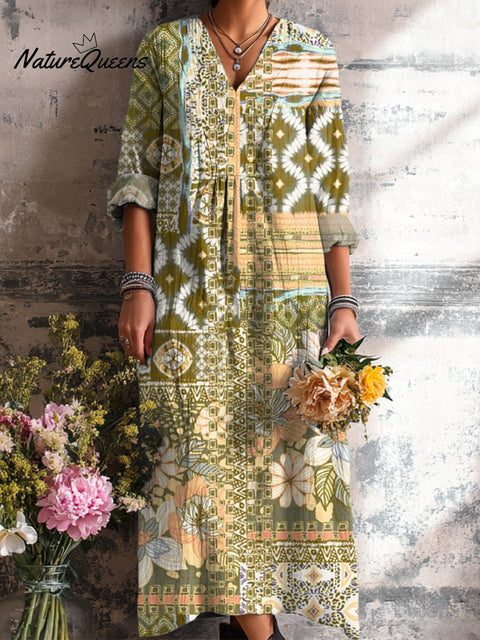 Women's Beautiful Ethnic Geometric Floral Check Art Print Dress