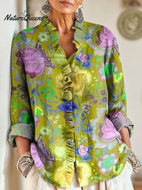 Women's Beautiful Colorful Large Flower Painting Art Print Casual Cotton And Linen Ruffle Shirt