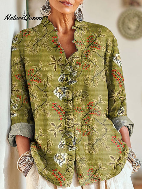 Women's Beautiful Ethnic Floral and Botanical Painting Art Print Casual Cotton And Linen Ruffle Shirt