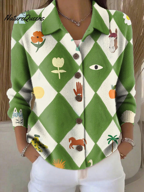 Women's Cute Diamond Geometric Flower Eyes Illustration Art Print Cowl Neck Sweater