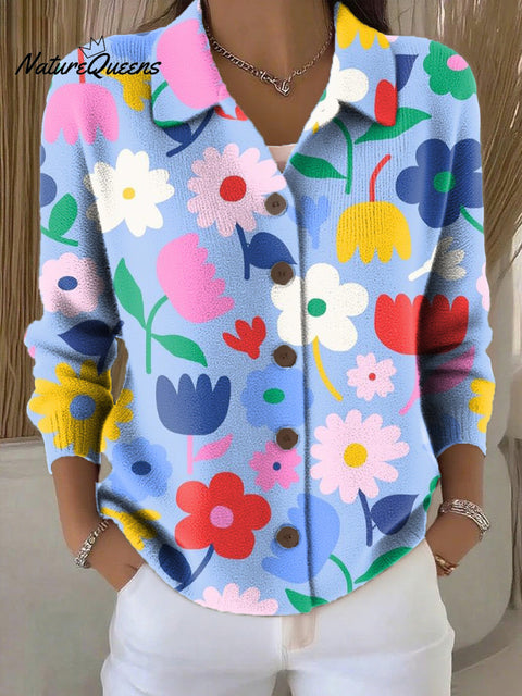 Women's Beautiful Colorful Large Flower Illustration Art Print Cowl Neck Sweater