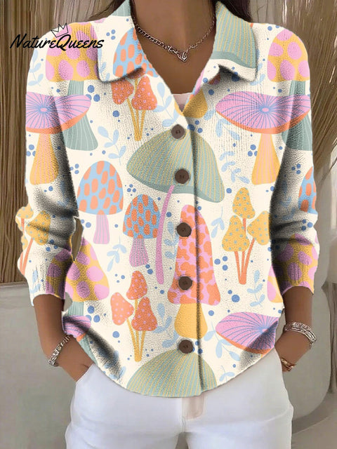 Women's Beautiful Colorful Mushroom Illustration Art Print Cowl Neck Sweater