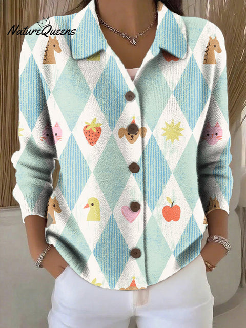 Women's Beautiful Colorful Animal Fruit Illustration Art Print Cowl Neck Sweater