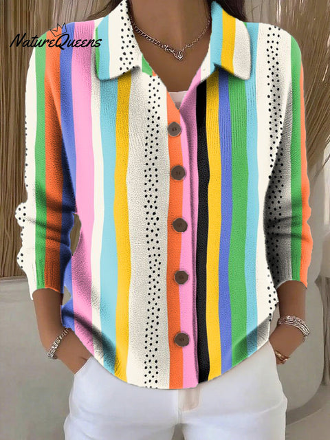 Women's Beautiful Colorful Striped Painting Art Print Cowl Neck Sweater