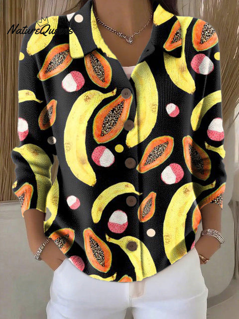 Women's Bright Banana Papaya Fruit Painting Art Print Cowl Neck Sweater