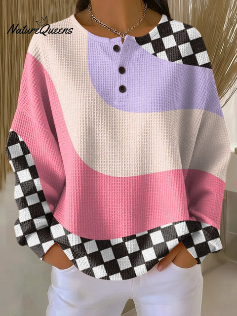Women's Abstract Colorful Striped Checkerboard Painting Art Print Casual Cotton Shirt