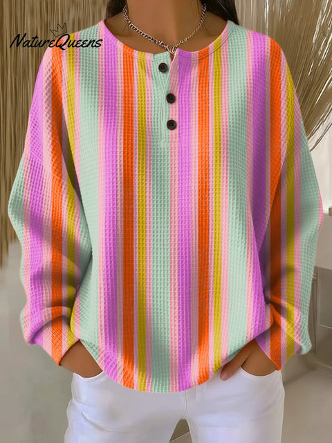 Women's Abstract Colorful Stripes Painting Art Print Casual Cotton Shirt