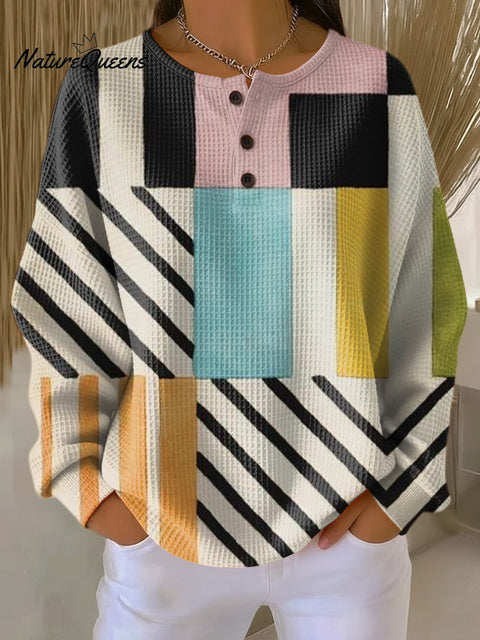 Women's Abstract Colorful Geometric Checkered Painting Art Print Casual Cotton Shirt