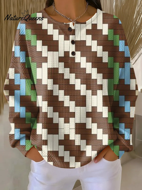 Women's Abstract Woven Check Painting Art Print Casual Cotton Shirt