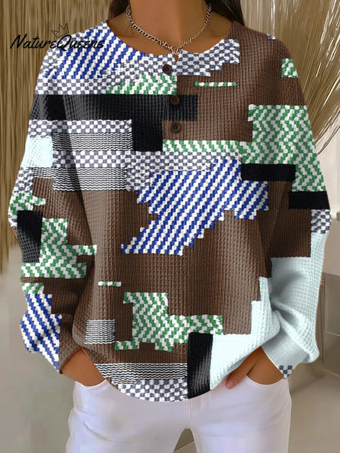 Women's Abstract Geometric Patchwork Art Print Casual Cotton Shirt