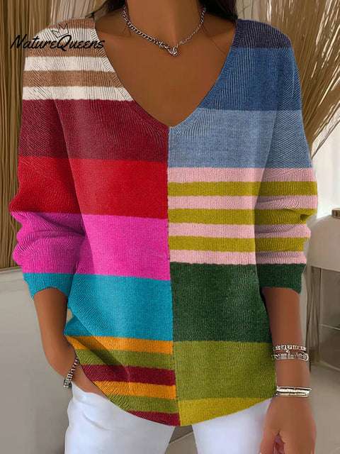 Women's Beautiful Colorful Geometric Check Art Print Casual Pullover Sweater