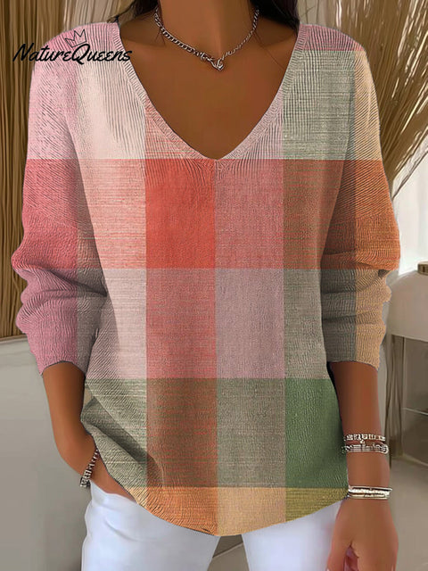 Women's Beautiful Colorful Plaid Painting Art Print Casual Pullover Sweater