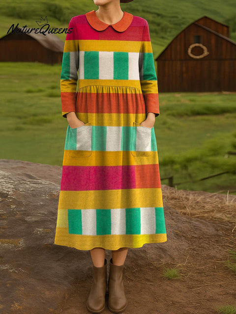 Women's Beautiful Colorful Striped Painting Art Print Cotton Lapel Button-Down Shirt Dress
