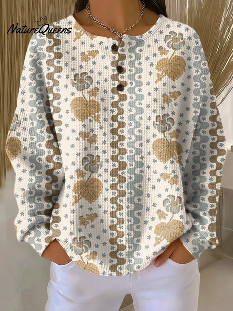 Women's Beautiful Geometric Striped Floral Painting Art Print Casual Cotton Shirt