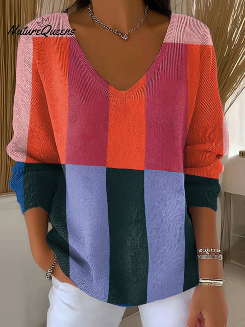 Women's Beautiful Colorful Striped Painting Art Print Casual Pullover Sweater
