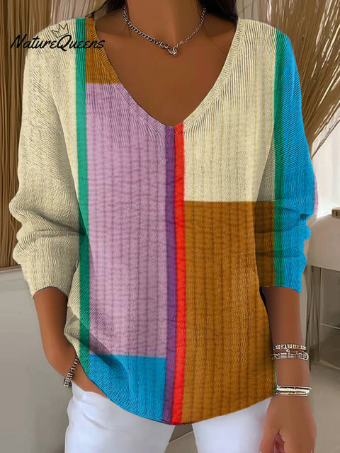 Women's Beautiful Colorful Striped Painting Art Print Casual Pullover Sweater