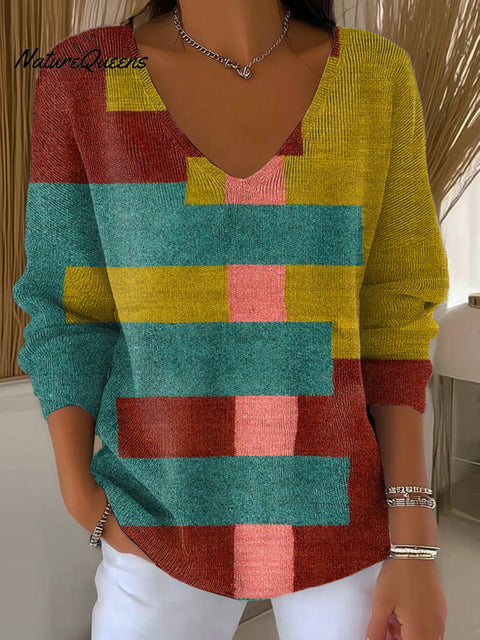 Women's Beautiful Colorful Geometric Stripes Painting Art Print Casual Pullover Sweater
