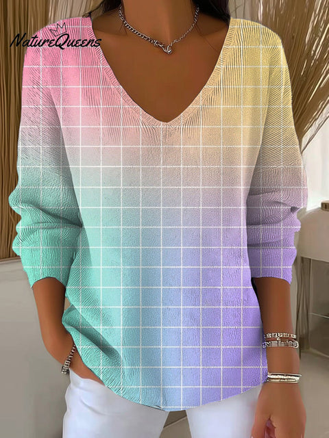 Women's Beautiful Colorful Gradient Plaid Painting Art Print Casual Pullover Sweater