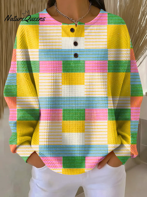 Women's Beautiful Colorful Plaid Painting Art Print Casual Cotton Shirt