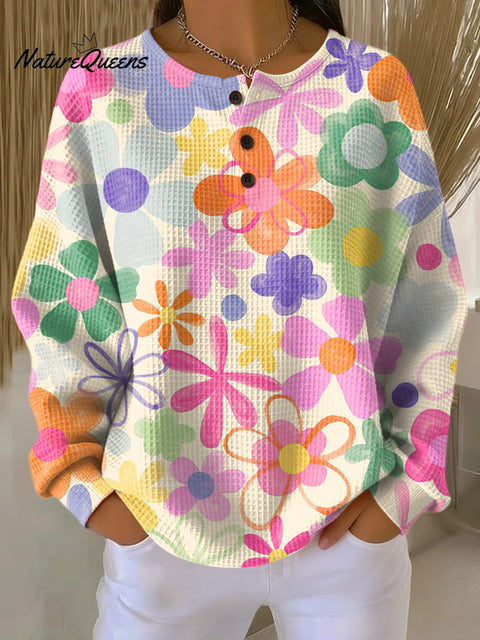Women's Beautiful Colorful Large Flower Painting Art Print Casual Cotton Shirt