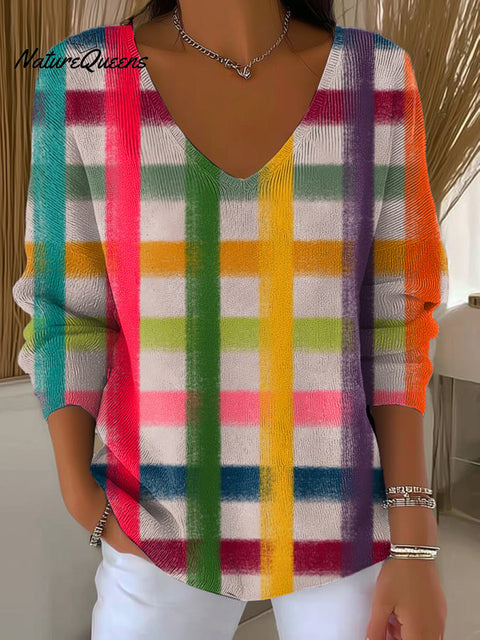 Women's Beautiful Colorful Striped Painting Art Print Casual Pullover Sweater