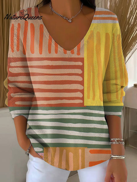Women's Beautiful Colorful Abstract Geometric Stripes Painting Art Print Casual Pullover Sweater