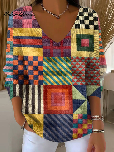 Women's Multicolor Geometric Check Painterly Art Print Casual Pullover Sweater