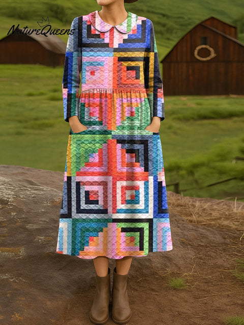 Women's Beautiful Colorful Rhombus Geometric Painting Art Print Cotton Lapel Shirt Dress
