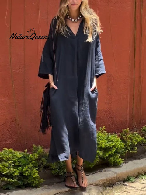 Women's Solid Color V-Neck Linen Pocket Dress