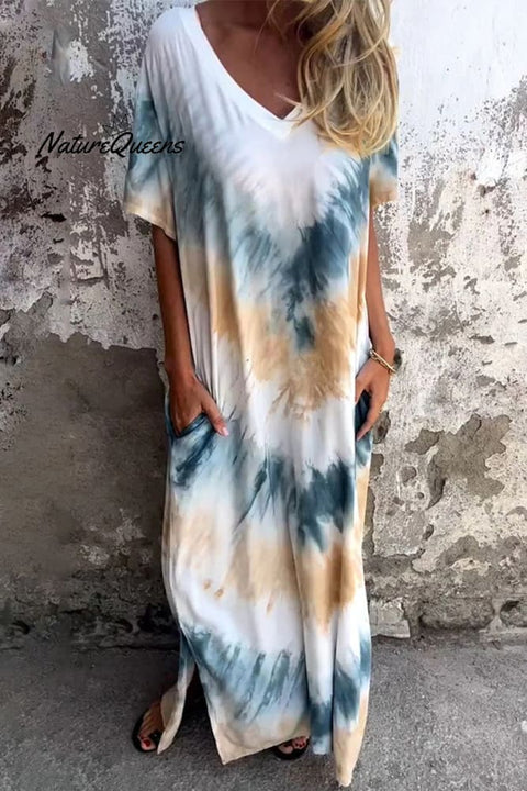 Casual Print Tie Dye Pocket V Neck A Line Short Sleeve Dress(4 Colors)