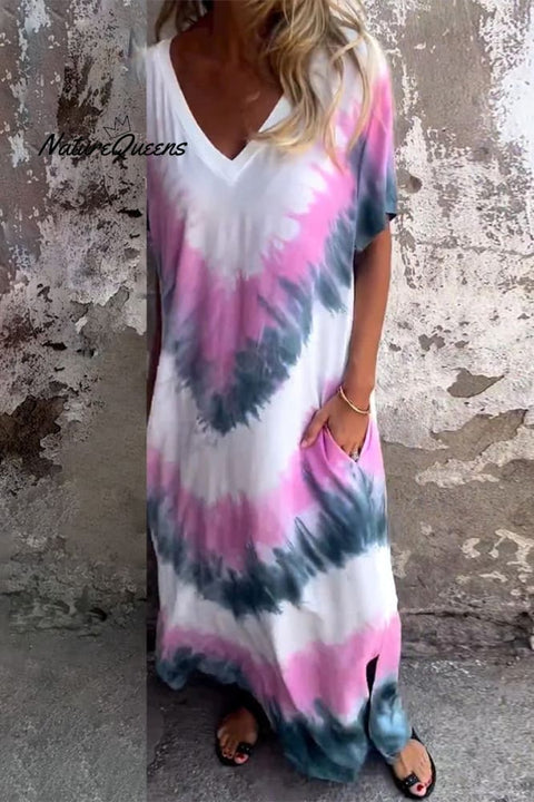 Casual Print Tie Dye Pocket V Neck A Line Short Sleeve Dress(4 Colors)