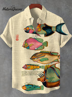 Men's Retro Swimming Fish Art Print Linen Blend Shirt