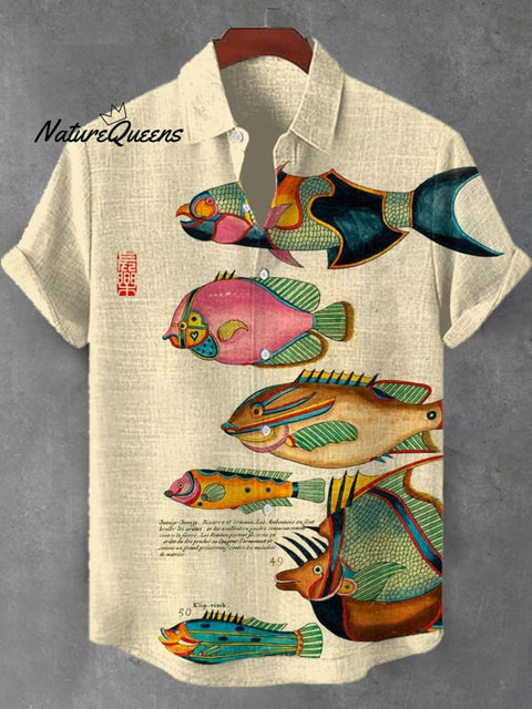 Men's Retro Swimming Fish Art Print Linen Blend Shirt