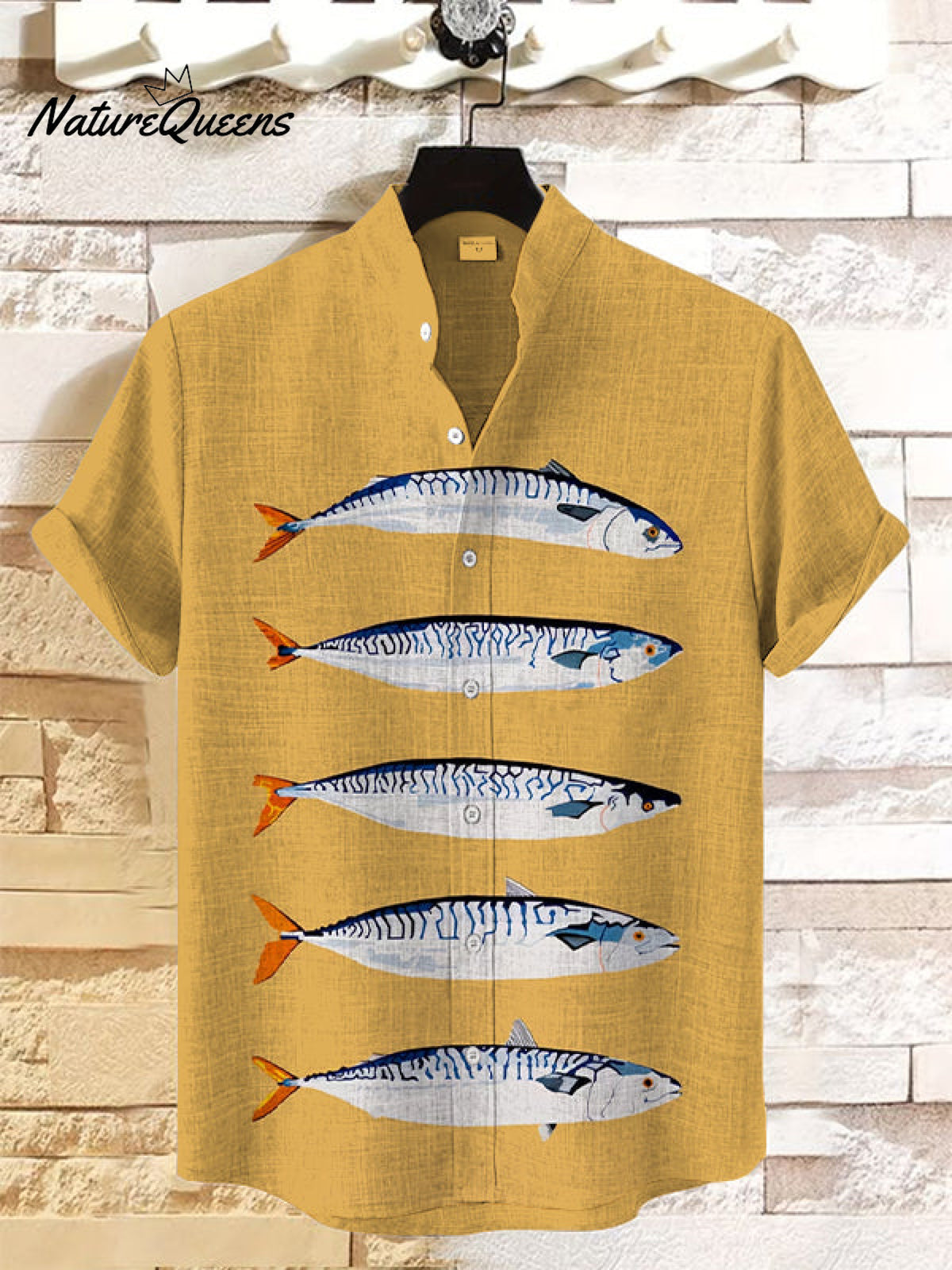 Men's Sardine Fish Print Casual Linen Blend Shirt