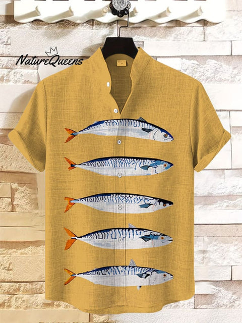 Men's Sardine Fish Print Casual Linen Blend Shirt