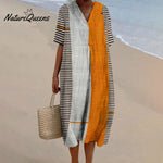 Women's Stripe Patchwork Print Flowy Linen Dress