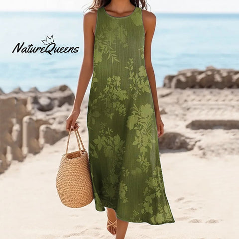 Women's Floral Print Crew Neck Linen Blend Midi Dress