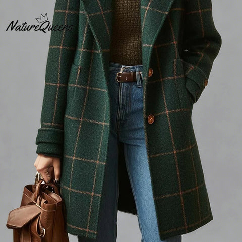 Women's Dark Green Notched Lapel Plaid Two Button Pockets Long Sleeve Mid-Length Coat