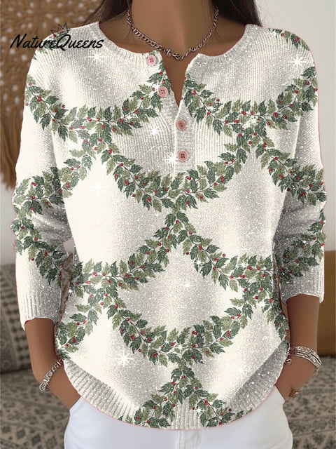 Christmas Leaf Pattern Print Henley Neck Sparkling Sequin Sweater