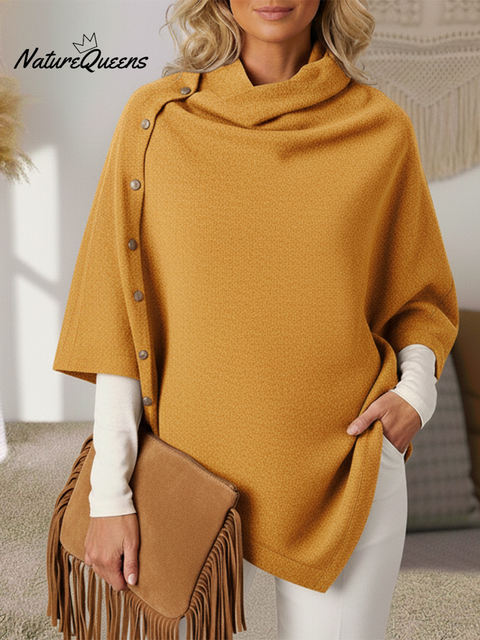 Women's Oblique Button Wool Knitted Cape Cloak Scarf