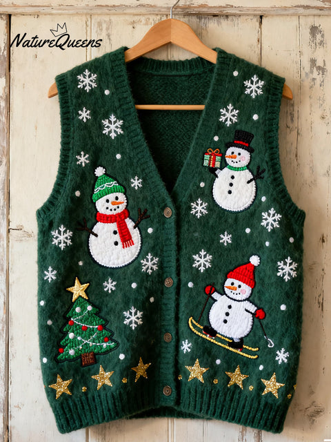 Christmas Snowman Art Print Sleeveless Knit Cardigan Sweater