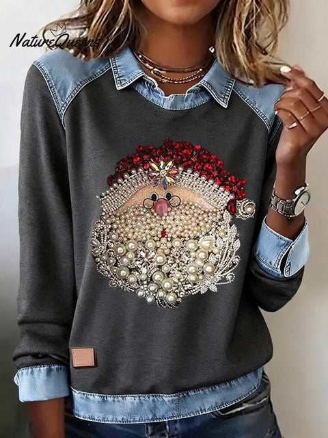 Women's Santa Head Printed Comfortable Denim Patchwork Sweatshirt