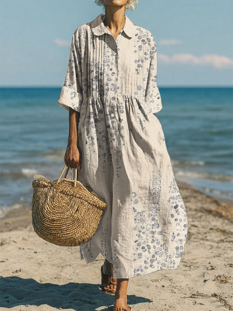 Women's Casual Cotton-Linen Peter Pan Collar 3/4 Sleeve Dress