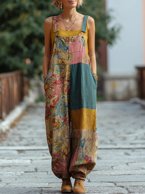 Bohemian Style Plant Flower Pattern Color Block Women's Loose Overalls