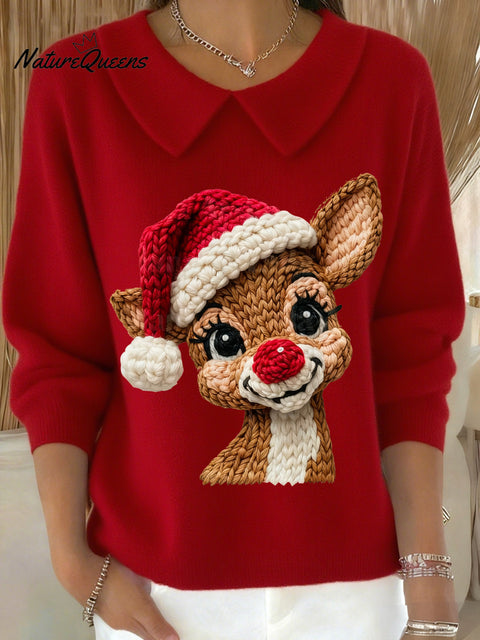 Women's Winter Christmas Cute Deer Print Lapel Top
