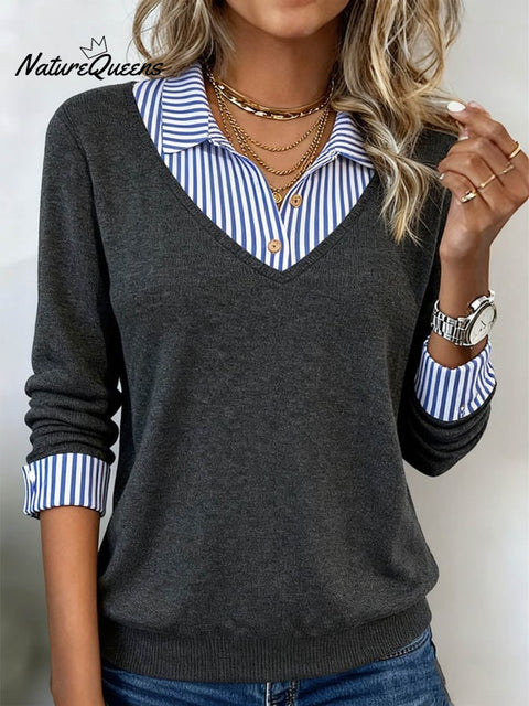 Women'S Casual Knitted Striped Contrasting Color Stitching Top