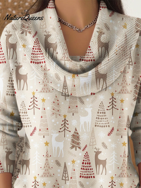 Christmas Elk and Pine Tree Print Cowl Neck Sweater Top