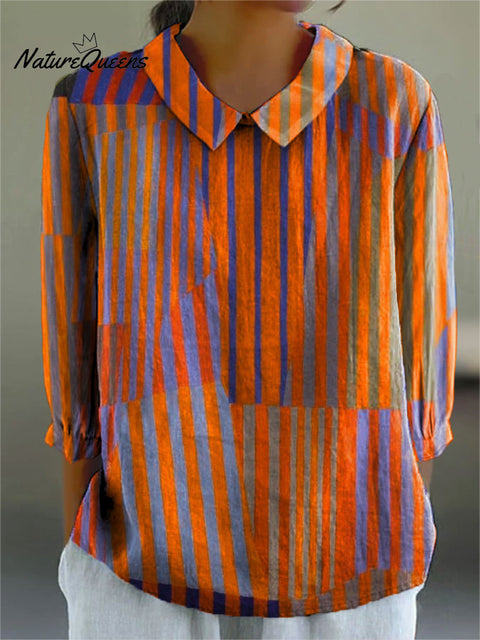 Women's Vintage Colorblock Striped Art Print Casual Cotton And Linen 3/4 Sleeve Shirt